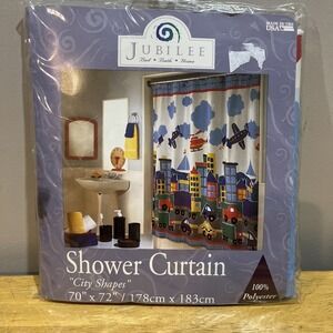 Vintage Jubilee City Shapes Cars Planes‎ Fabric Shower Curtain - 70x72" NOS